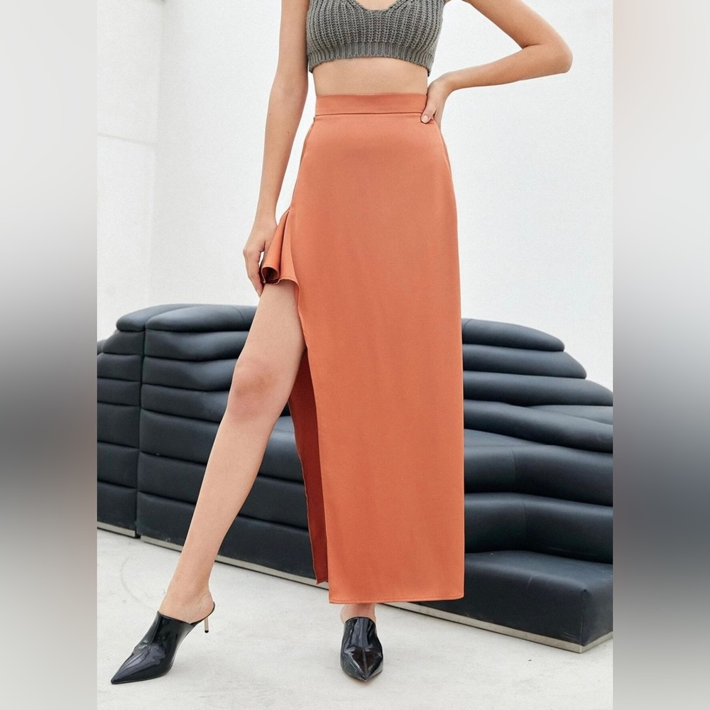 Coral Orange High Slit Ruffle Side Satin Skirt